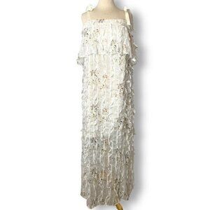 NWT Elliatt Zeus Maxi Dress White Petals Sz XS, Side Slit Sheer Overlay